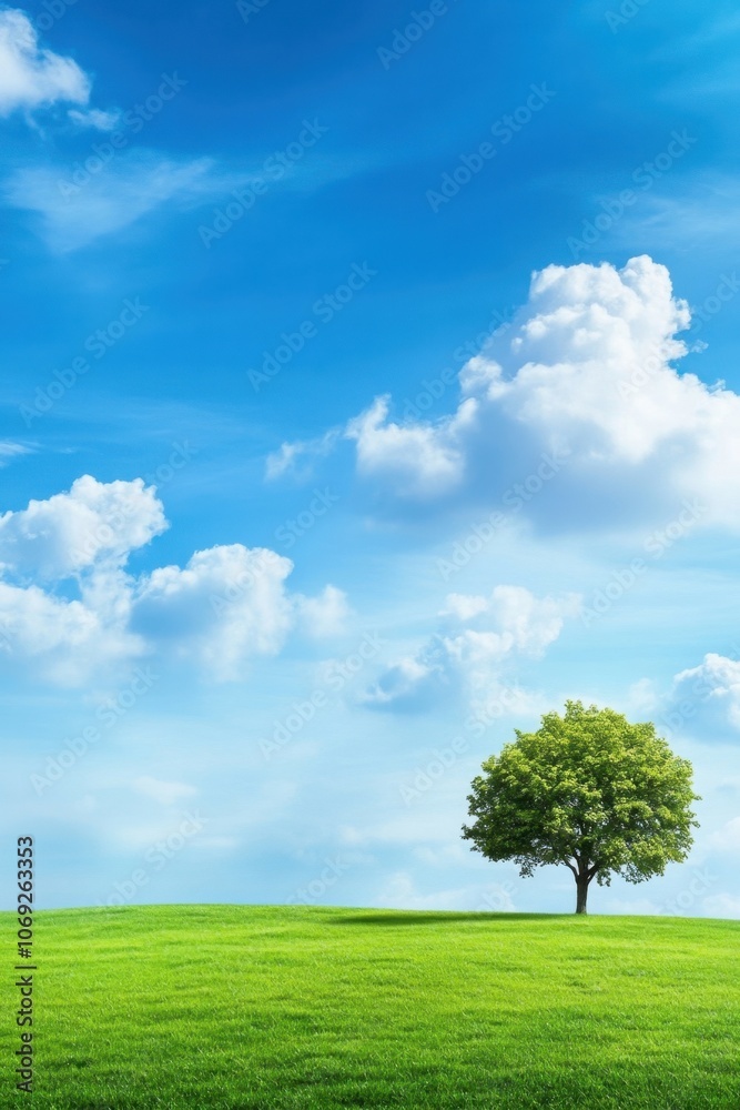 Serene landscape with a lone tree on a grassy hill under a blue sky with fluffy white clouds Serene landscape with a lone tree on a grassy hill under a blue sky with fluffy white clouds