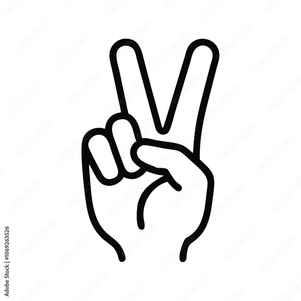 Obraz premium Black Outline Peace Hand Gesture Icon, Simple black outline of a hand making the peace or victory sign, ideal for minimalist designs and symbolic representations. 