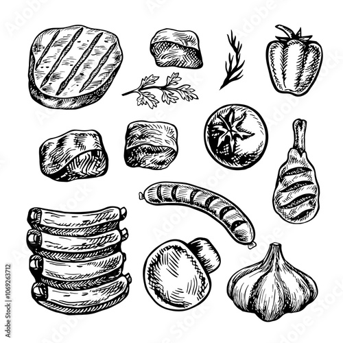 A set of meat and vegetables for barbecue and picnic. Vector graphics with images of fried meat and vegetables of various types. Black and white hand-drawn illustration. On a white background.