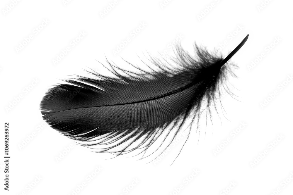 Black Silhouette of a single feather floating mid-air on a white background. Black Silhouette of a single feather floating mid-air on a white background.