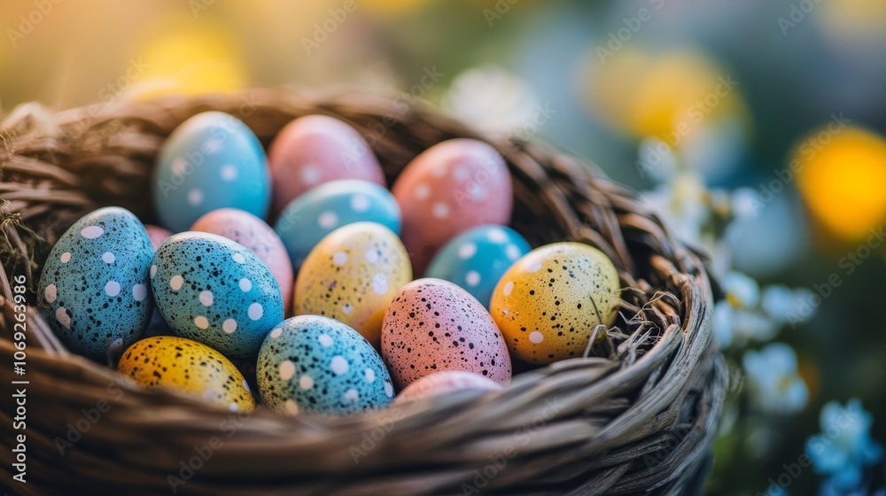 A festive collection of pastel-colored Easter eggs with intricate speckled patterns, placed in a wicker basket against a soft-focus floral background for celebration. A festive collection of pastel-colored Easter eggs with intricate speckled patterns, placed in a wicker basket against a soft-focus floral background for celebration.