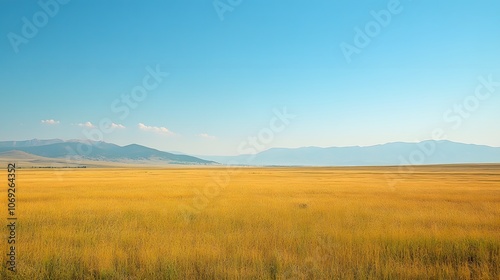 Vast open plains with golden grass swaying in the wind, under a clear blue sky, with a distant mountain range creating a picturesque backdrop. photo