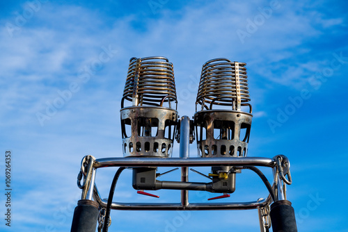 Close-up of Double Burner of Hot Air Balloon Against Clear Sky