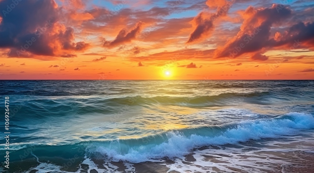 Naklejka premium sunset over the ocean, sunset over the sea, fantastic sunset scene over the ocean, sun reflection on the lake, golden time