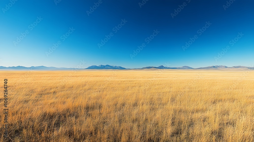Vast open plains with golden grass swaying in the wind, under a clear blue sky, with a distant mountain range creating a picturesque backdrop. Vast open plains with golden grass swaying in the wind, under a clear blue sky, with a distant mountain range creating a picturesque backdrop.
