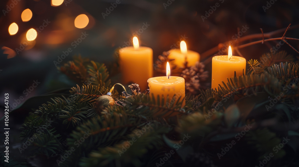 Traditional Advent wreath with lit candles, evergreen branches and Christmas decorations Traditional Advent wreath with lit candles, evergreen branches and Christmas decorations