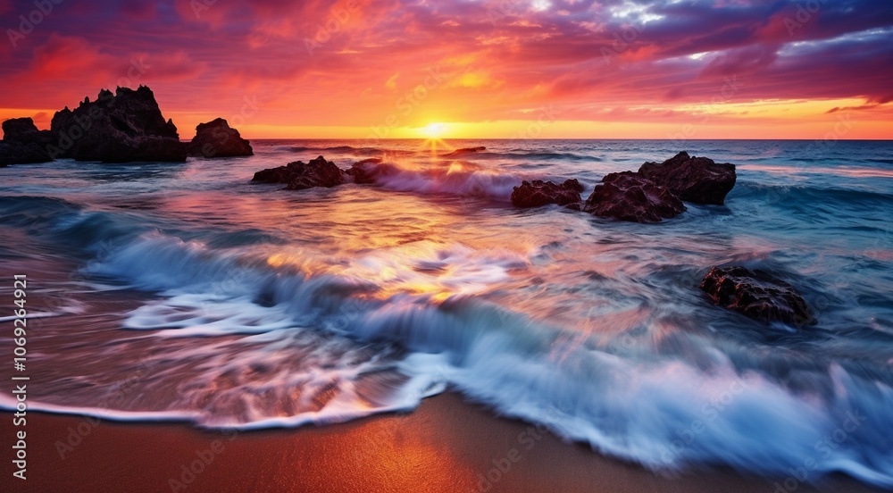 Obraz premium sunset over the ocean, sunset over the sea, fantastic sunset scene over the ocean, sun reflection on the lake, golden time
