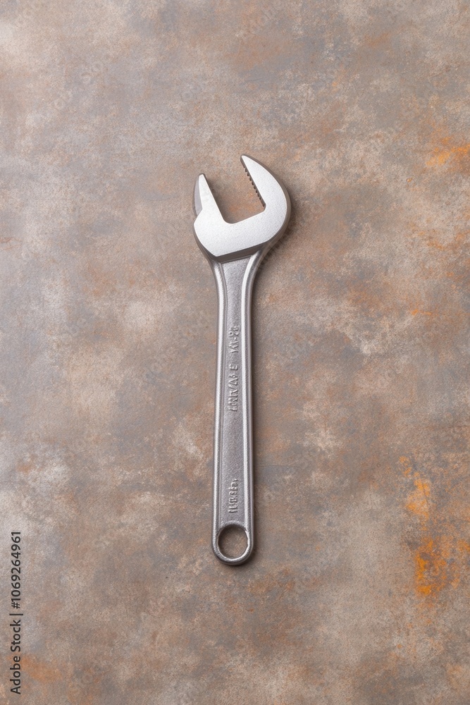 Close-up of a silver adjustable wrench on a rusty metal surface Close-up of a silver adjustable wrench on a rusty metal surface