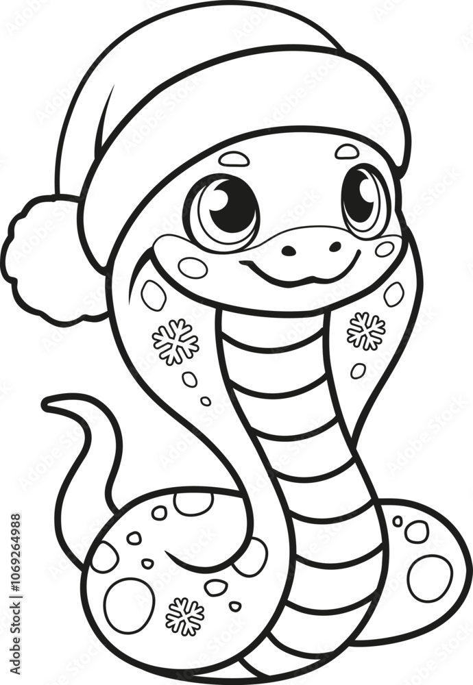 Fototapeta premium Cute Snake with Santa Hat - Christmas Coloring Page for Kids