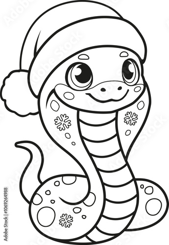 Cute Snake with Santa Hat - Christmas Coloring Page for Kids