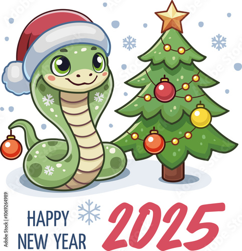 Happy New Year 2025 Card with Cute Snake in Santa Hat and Christmas Tree isolated on white background
