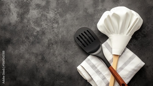 A classic chef's hat paired with a black spatula placed on a striped kitchen towel, representing culinary skills and the art of cooking with elegance and style.