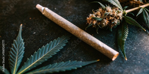 Cannabis Pre-Roll with Buds and Leaves on Black Surface