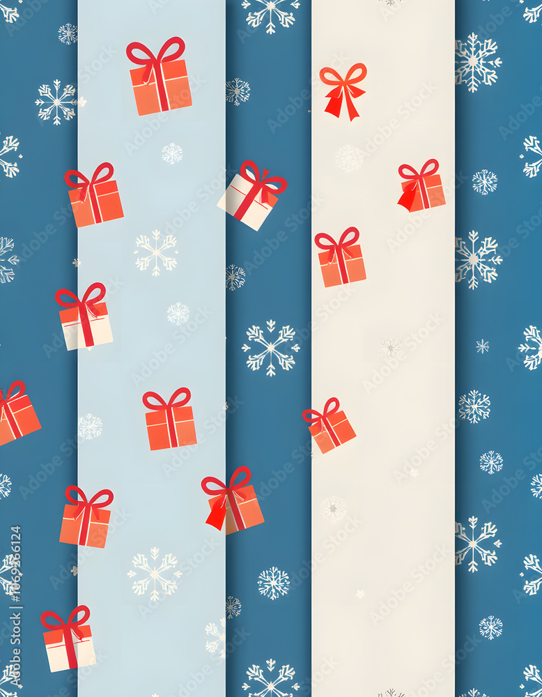 Fototapeta premium Christmas seamless patterns collection. Vector set of winter holiday background swatches. Cute modern abstract textures with snowflakes, gifts, scandinavian nordic ornament. Blue colored repeat desi