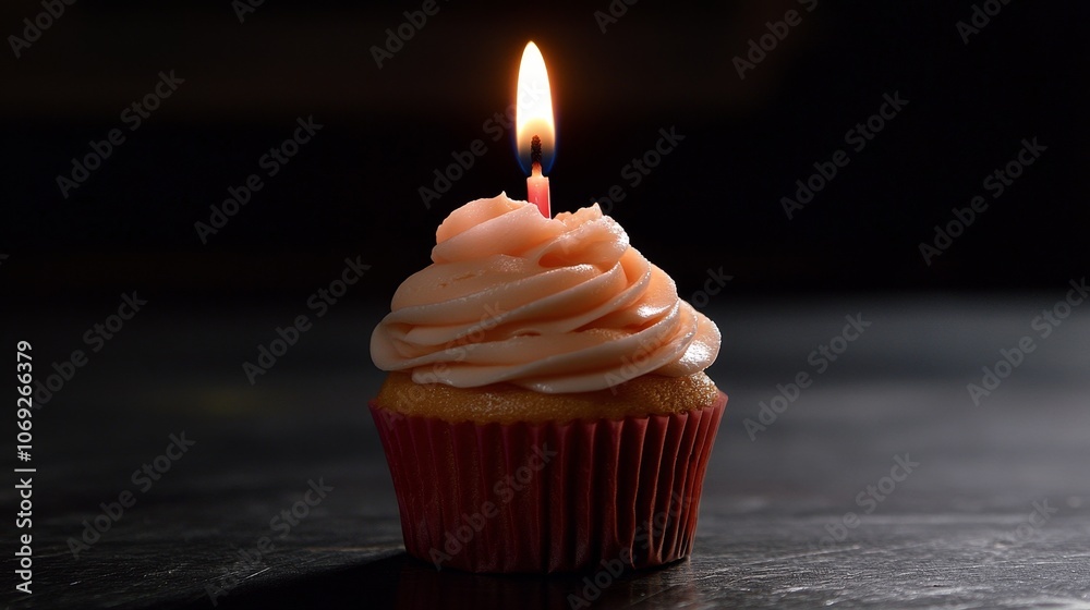 A single cupcake crowned by a lit candle stands in warm lighting, representing celebration, anticipation, and the simplicity of life's joyful moments. A single cupcake crowned by a lit candle stands in warm lighting, representing celebration, anticipation, and the simplicity of life's joyful moments.