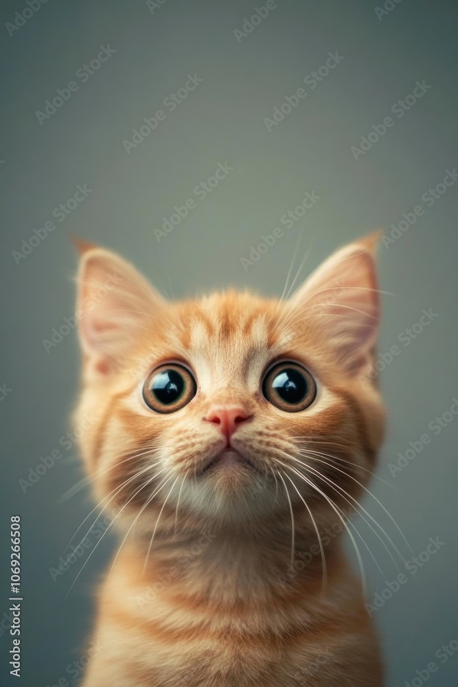 Adorable ginger kitten with big eyes looking up curiously Adorable ginger kitten with big eyes looking up curiously