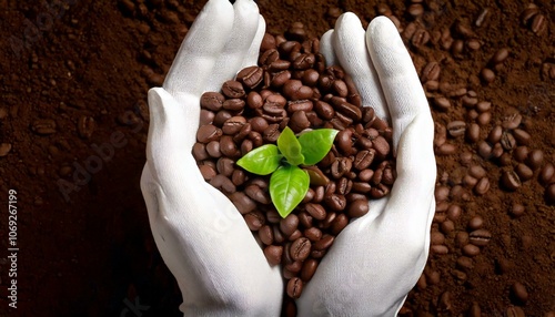 Granos de café encima de manos con guantes blancos con un brote verde