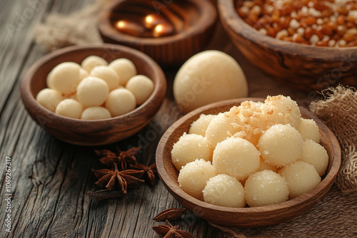 Diwali sweets on a wooden table with traditional props. photo