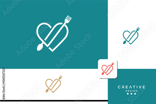 Minimal Restaurant Heart Food Logo .Love and heart food logo.	
