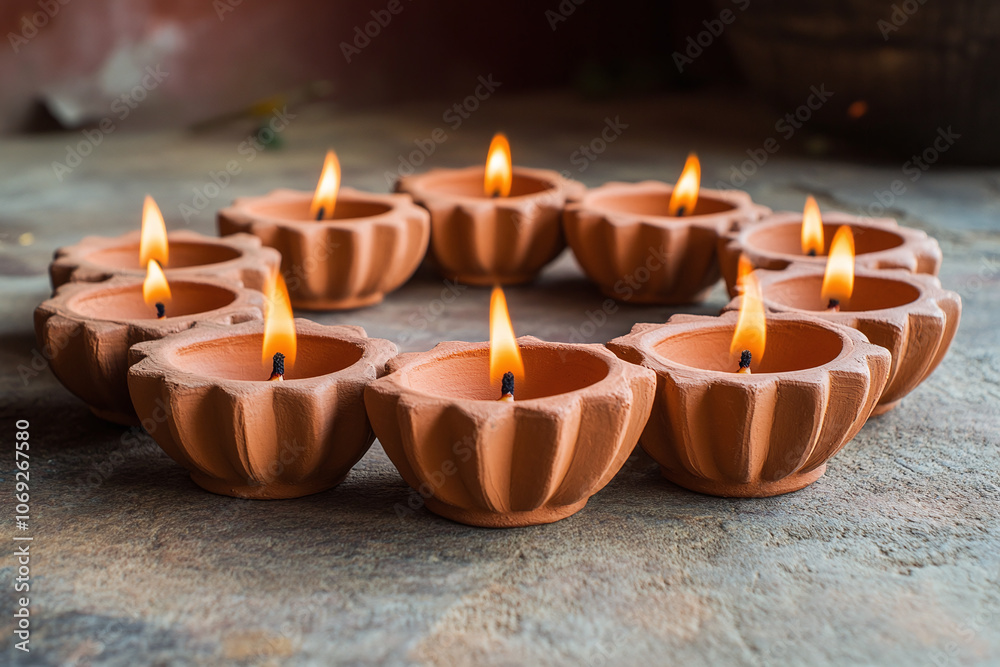 small clay diyas arranged in a semicircle and lit. small clay diyas arranged in a semicircle and lit.