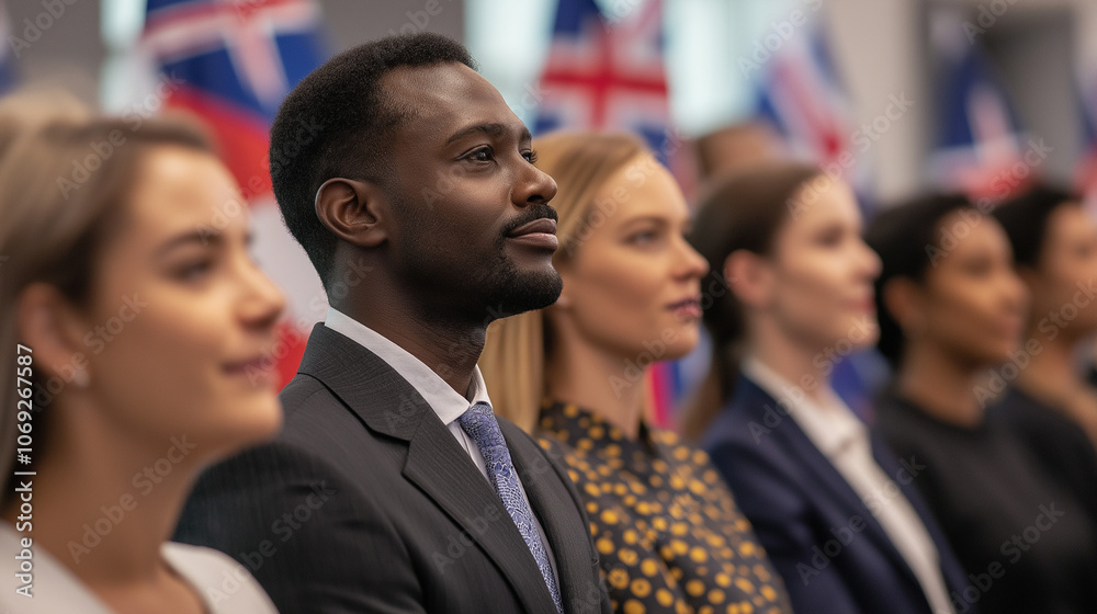 Fototapeta premium People attending Australian citizenship ceremony with flags