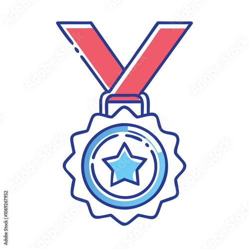 Blue Star Medal with Red Ribbon Illustration, Illustrated medal featuring a blue star in the center with a red ribbon, symbolizing achievement, honor, and excellence.
