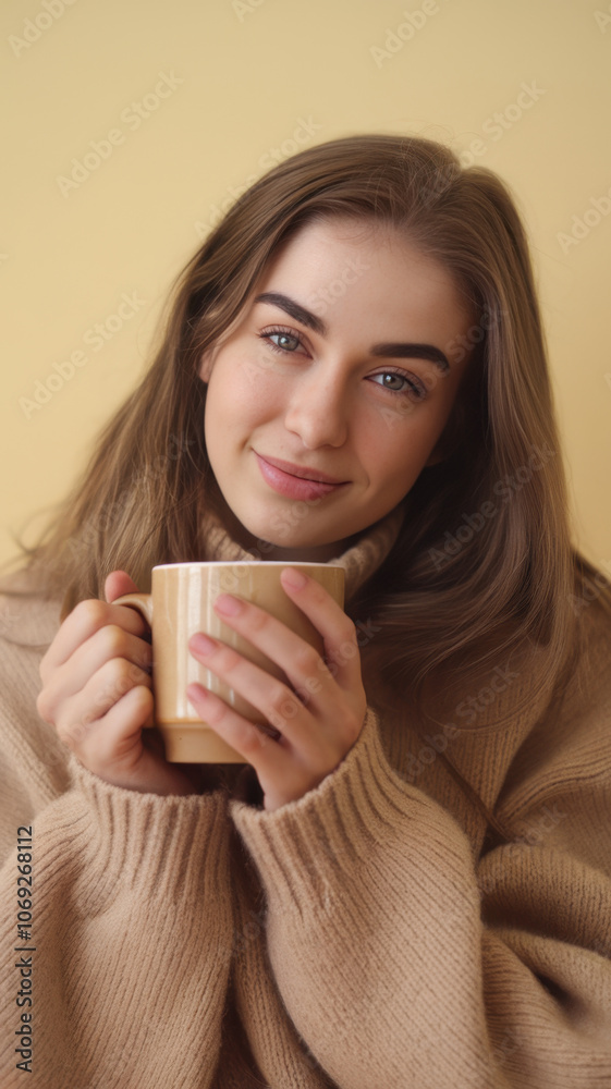 A young Caucasian woman with long hair smiles warmly while holding a cozy mug, wrapped in a soft beige sweater against a cheerful yellow background. A young Caucasian woman with long hair smiles warmly while holding a cozy mug, wrapped in a soft beige sweater against a cheerful yellow background.