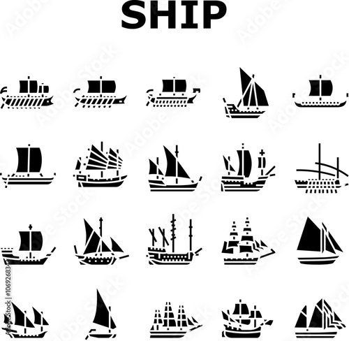 ancient ship maritime vessel icons set vector. navigation exploration, trade archaeology, discovery seafaring, shipwreck galleon ancient ship maritime vessel glyph pictogram Illustrations photo