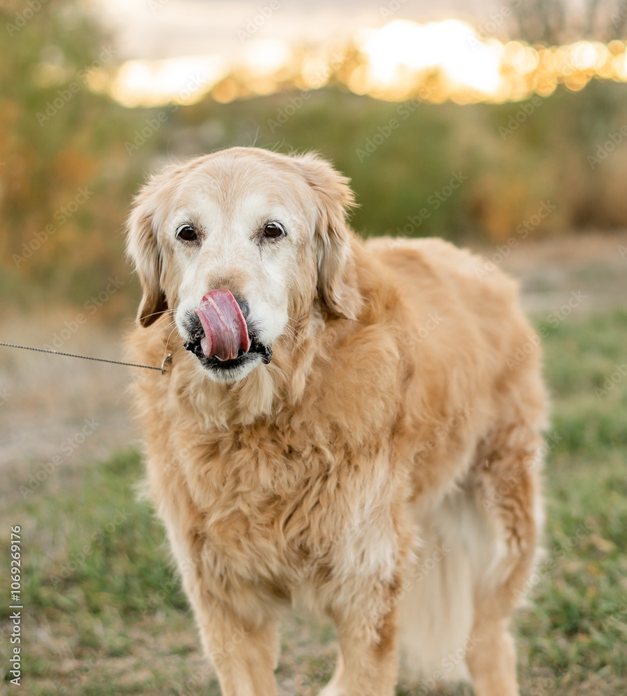 Senior golden retriever making funny face with tongue out licking her face outdoors at sunset Senior golden retriever making funny face with tongue out licking her face outdoors at sunset