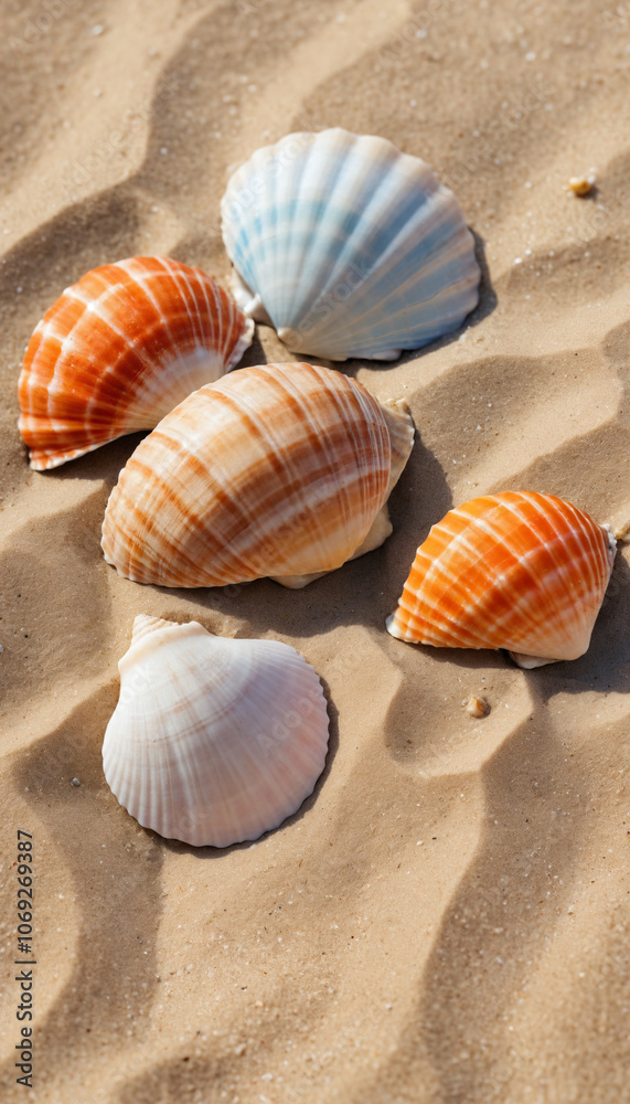 close-up of colorful seashells on a sandy beach, coastal detail, summer feeling close-up of colorful seashells on a sandy beach, coastal detail, summer feeling
