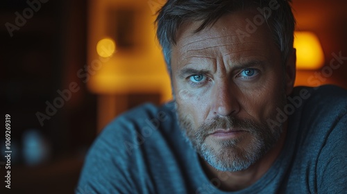 Thoughtful Middle-Aged Man with Beard in Warm Ambient Lighting, Close-Up Portrait