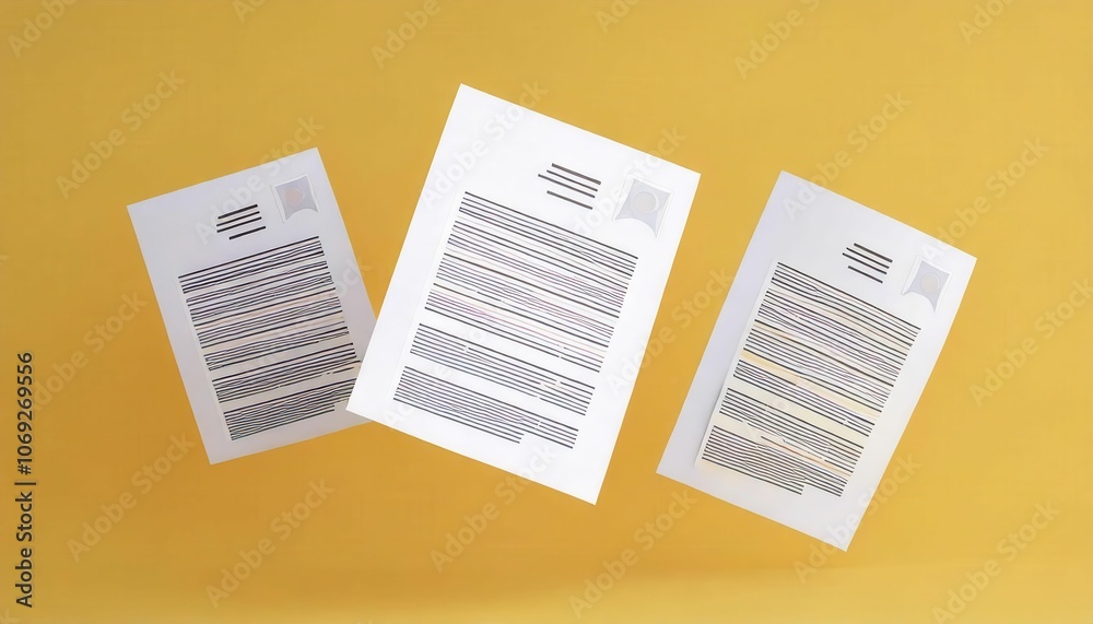 Naklejka premium Three printed sheets with varying patterns float against a bright yellow background, showcasing design elements and typography.