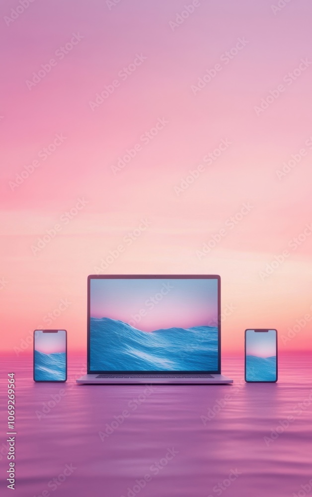Serene digital devices floating on a tranquil ocean at sunset Serene digital devices floating on a tranquil ocean at sunset