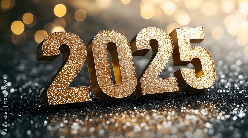 Golden numbers representing 2025 shine brightly against a dark, sparkling backdrop, illuminated by soft bokeh lights that create a festive atmosphere, perfect for celebrating the upcoming new year. Golden numbers representing 2025 shine brightly against a dark, sparkling backdrop, illuminated by soft bokeh lights that create a festive atmosphere, perfect for celebrating the upcoming new year.