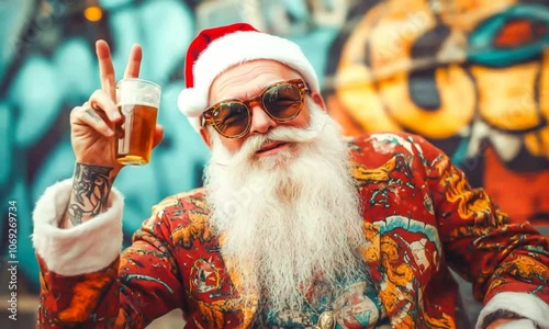 tattooed Santa Claus with a gray beard in a nontraditional jacket, wearing a red hat and sunglasses. He holds a beer mug and gives a peace sign