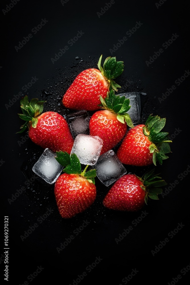 Juicy red strawberries with ice cubes on a dark background
