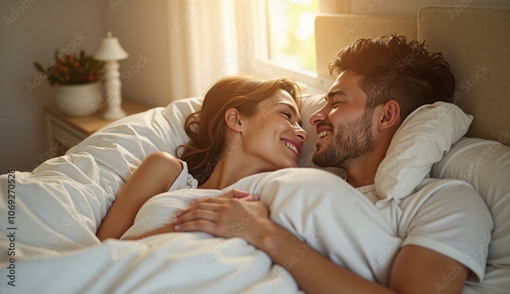Smiling Couple Cuddling in Bed with Morning Sunlight Smiling Couple Cuddling in Bed with Morning Sunlight