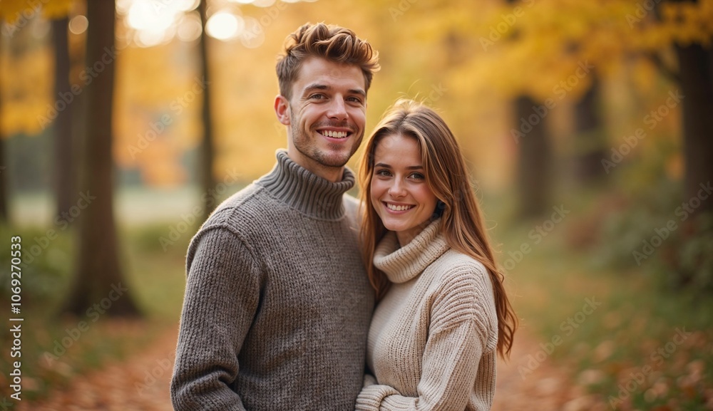 Smiling Couple Embracing in Autumn Forest Smiling Couple Embracing in Autumn Forest