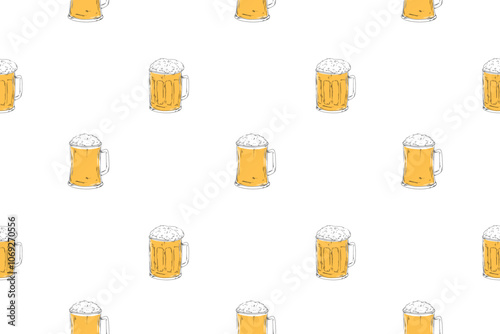 Beer glass, mug vector line illustration doodle food drink alcohol bar pub seamless pattern textile design wrapping paper Octoberfest holidays weekend barbecue 