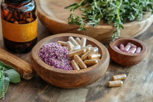 Wallpaper Mural Wooden bowls with herbal supplements and dried herbs on rustic table. Natural medicine and holistic health concept. Design for herbal remedy posters, advertisements, and educational materials. Torontodigital.ca