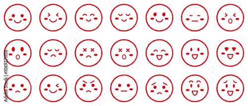 表情　顔　アイコン　スタンプ風　赤　シンプル　丸　ベクターセット