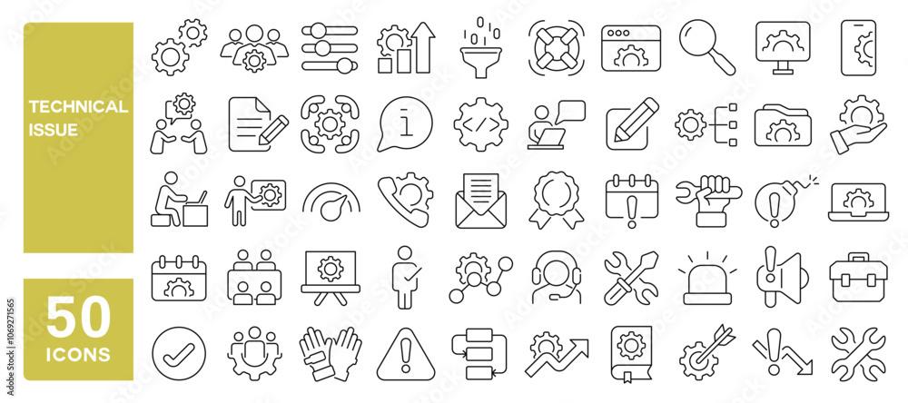 Set of 50 line icons related to technical issue, support, warning, system, failure, error, problem, alert, gear, Editable stroke. Vector illustration Set of 50 line icons related to technical issue, support, warning, system, failure, error, problem, alert, gear, Editable stroke. Vector illustration