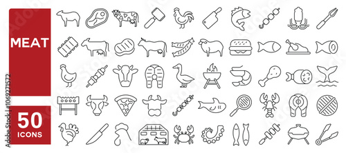 Set of 50 line icons related to meat, beef, chicken, fish, steak, grill, cow, sheep, turkey, ribs, salmon, Editable stroke. Vector illustration