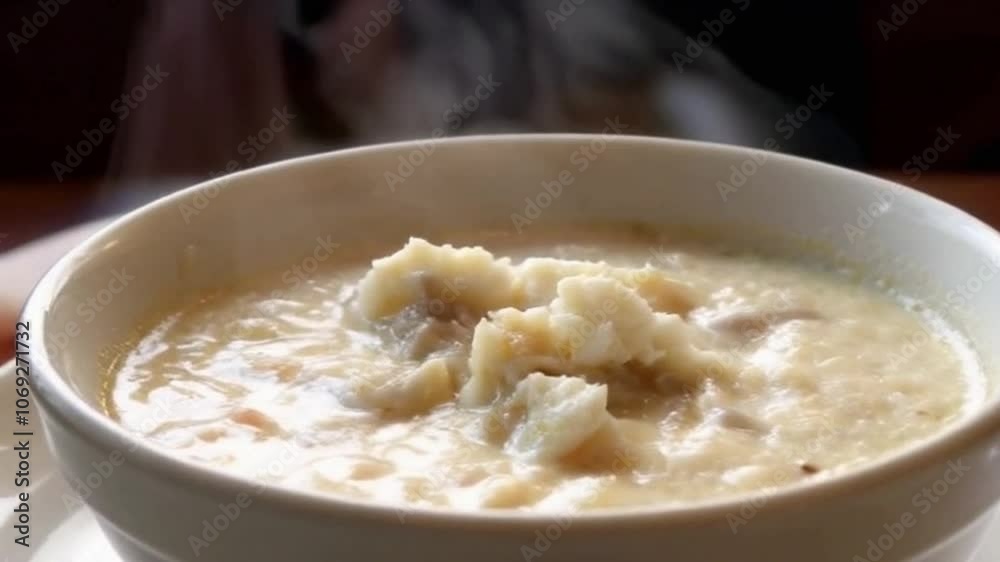camera zooms in on silky chowder texture with steam rising from the bowl,steaming bowl of creamy chowder with inviting coastal atmosphere in Connecticut camera zooms in on silky chowder texture with steam rising from the bowl,steaming bowl of creamy chowder with inviting coastal atmosphere in Connecticut