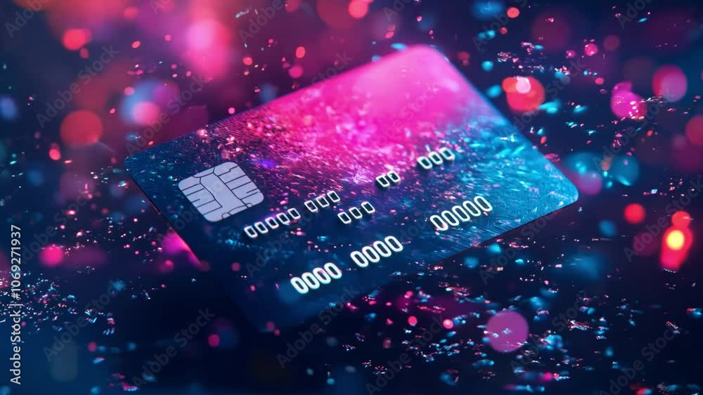 A credit card with a microchip is shown in focus, with an abstract digital background of red and blue lights.