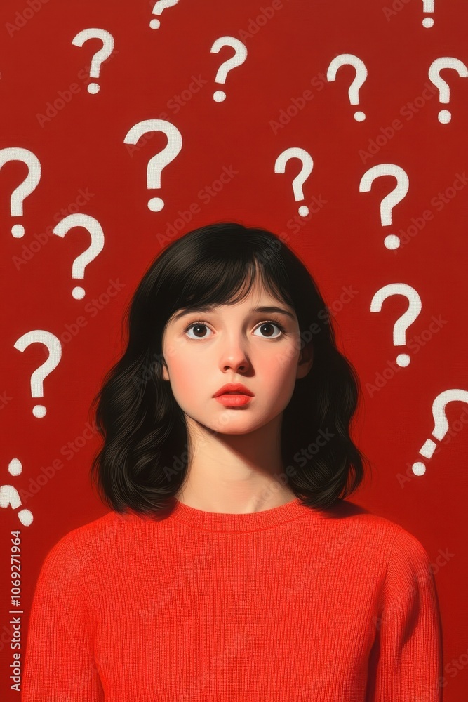 Thoughtful young woman surrounded by question marks Thoughtful young woman surrounded by question marks