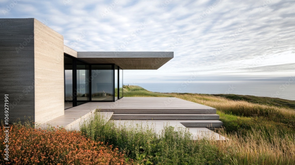 Modern house with large windows overlooking a grassy hill and the ocean. Modern house with large windows overlooking a grassy hill and the ocean.