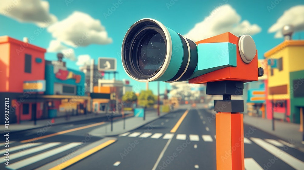 A cartoon camera lens points toward a colorful city street with crosswalk and buildings. A cartoon camera lens points toward a colorful city street with crosswalk and buildings.