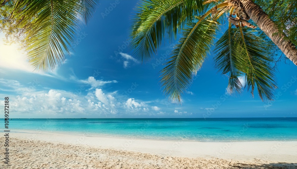 Beautiful tropical beach with palm trees, sunset beach seascape, design template for travel banner. Beautiful tropical beach with palm trees, sunset beach seascape, design template for travel banner.