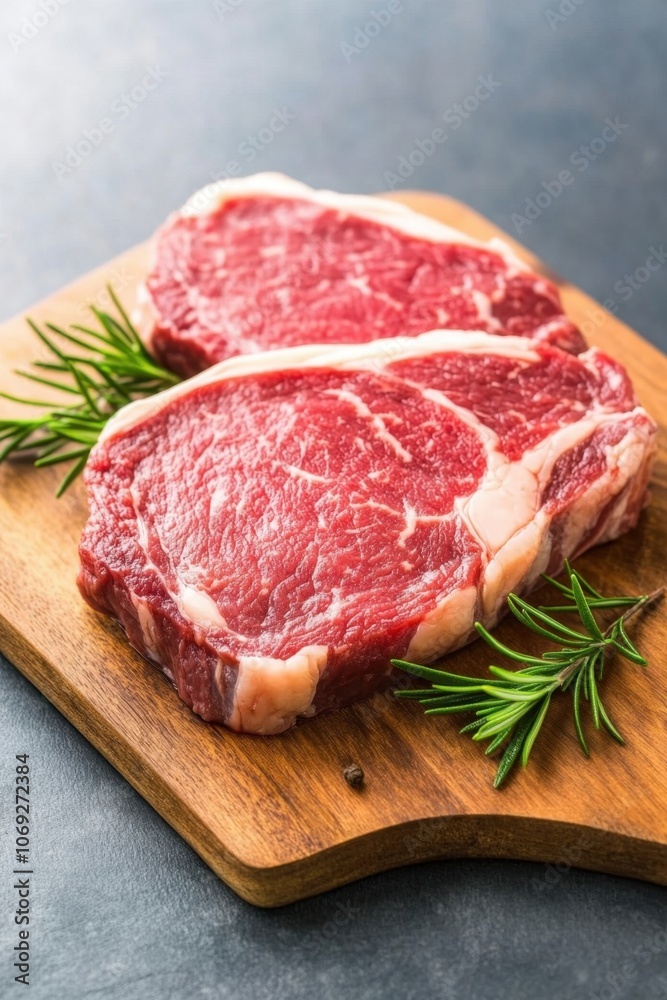 Juicy red meat steaks on a wooden cutting board with fresh rosemary sprigs Juicy red meat steaks on a wooden cutting board with fresh rosemary sprigs
